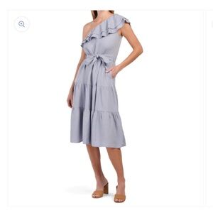 Nicole Miller Asymmetrical One Shoulder Ruffle Trim Linen Tiered Midi Dress